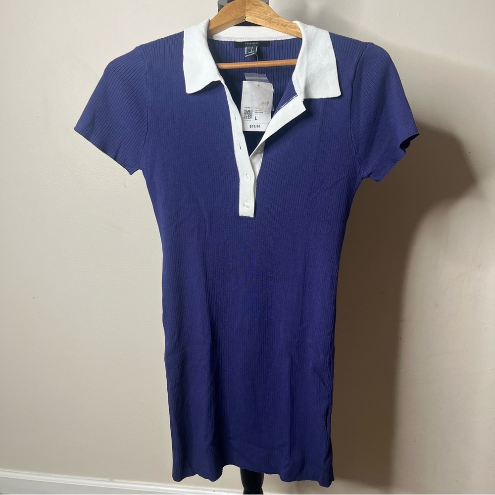 Forever‎ 21 Women’s Navy Blue Ribbed Knit Mini Polo Mini Dress Sz L NWT